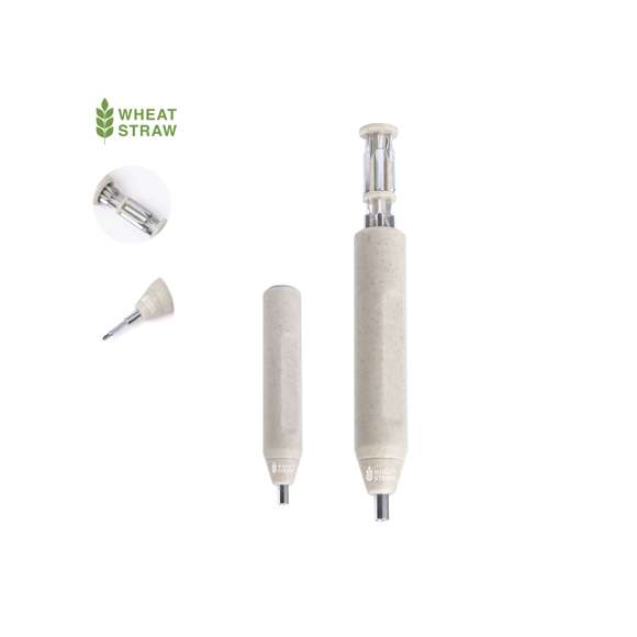 Práctica multiherramienta fabricada en caña de trigo con forma de destornillador. Incluye un compartimento en la empuñadura para guardar las múltiples puntas magenéticas (planas y philips). Con logotipo caña de trigo incluido. Presentada en caja de diseño kraft. La caña de trigo fomenta la utilización de materias primas naturales, reduciendo así las emisiones contaminantes.