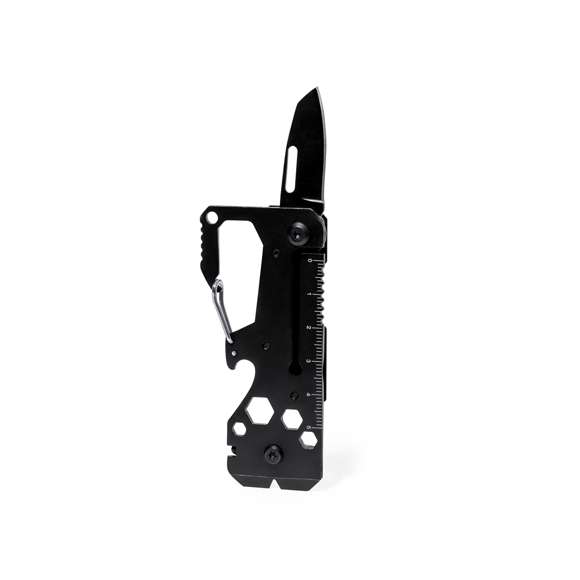 Excelente multiherramienta fabricada en aluminio y acero inox con acabado en color negro. Incluye 13 funciones diferentes: llave para tuercas hexagonales en varios tamaños, mosquetón, abrelatas, regla, rasqueta, cuchillo, destornilladores planos y philips. Presentada en caja de diseño kraft.