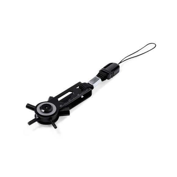 Eficaz multiherramienta con cabezal giratorio fabricada en acero inox y acabado en negro. Con 10 funciones: llaves allen, llave para tuercas hexagonales en varios tamaños, regla y un práctico accesorio de transporte con cierre de hebilla. Presentado en bolsa de papel reciclada de diseño kraft.