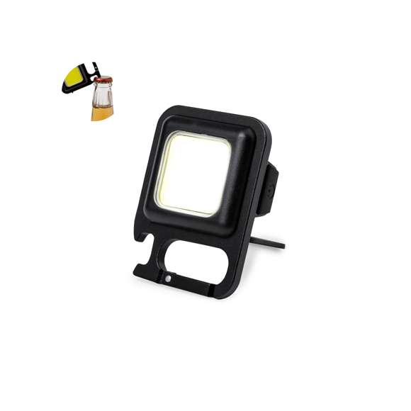 Potente linterna abridor fabricada en resistente abs y 30 luces COB, con tres posiciones de luz (fija e intermitente de dos velocidades). Incluye mosquetón para fácil transporte, soporte trasero de apoyo, abrebotellas y potente imán. Recargable, con batería de 300 mAh. Cable incluido y manual en español e ingles. Presentado individualmente en caja de diseño.