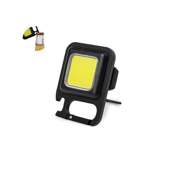 Potente linterna abridor fabricada en resistente abs y 30 luces COB, con tres posiciones de luz (fija e intermitente de dos velocidades). Incluye mosquetón para fácil transporte, soporte trasero de apoyo, abrebotellas y potente imán. Recargable, con batería de 300 mAh. Cable incluido y manual en español e ingles. Presentado individualmente en caja de diseño.