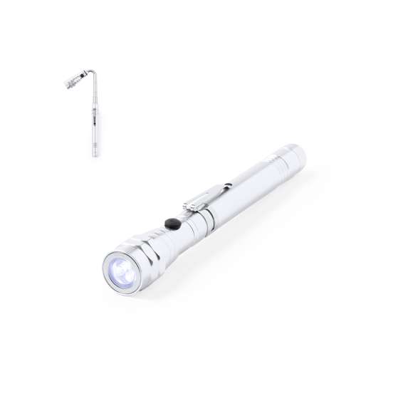 Linterna de aluminio práctica y versátil, con cabezal extensible (triplicando su longitud) y flexible para llegar a todos los lugares, además está equipado con imanes adaptándose a diversas necesidades. Cuenta con 3 potentes LEDs para una iluminación eficiente. Funciona con pilas de botón incluidas y presenta un clip metálico para facilitar su sujeción. Se presenta de manera individual en una caja de diseño kraft.
