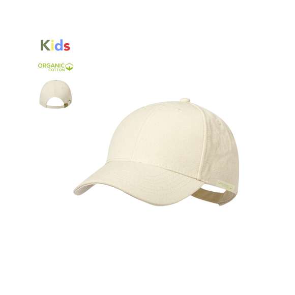 Gorra para niño de 6 paneles en 100% Algodón Orgánico. Cierre ajustable de hebilla metálica en color bronce. Etiqueta en interior con logo Algodón Orgánico.
