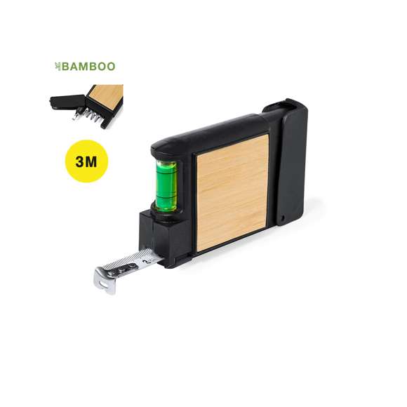 Flexómetro multiherramienta 3m, fabricado en resistente combinación de bambú y ABS. Con 7 funciones: cinta métrica de 3 metros, destornillador con diversas puntas (planas, philips y allen); y nivel integrado. De elegante diseño en negro, con detalles en bambú y viene presentado individualmente en caja de diseño kraft.Materiales como el bambú fomentan la utilización de materias primas naturales, reduciendo las emisiones contaminantes. Proviene de una planta de gran resistencia y versatilidad, con crecimiento y regeneración rápidos, siendo una excelente alternativa al uso de madera tradicional.