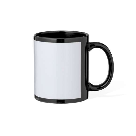 Taza de cerámica de 350 ml. Disponible en diversos colores, con zona especial de marcaje para sublimación alrededor de la taza. Presentada individualmente en caja kraft.