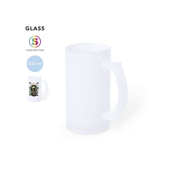 Jarra de cristal de acabado mate. De 500 ml de capacidad y con cómoda asa. Especialmente diseñada para la sublimación. Apta para microondas y presentada en caja individual kraft.