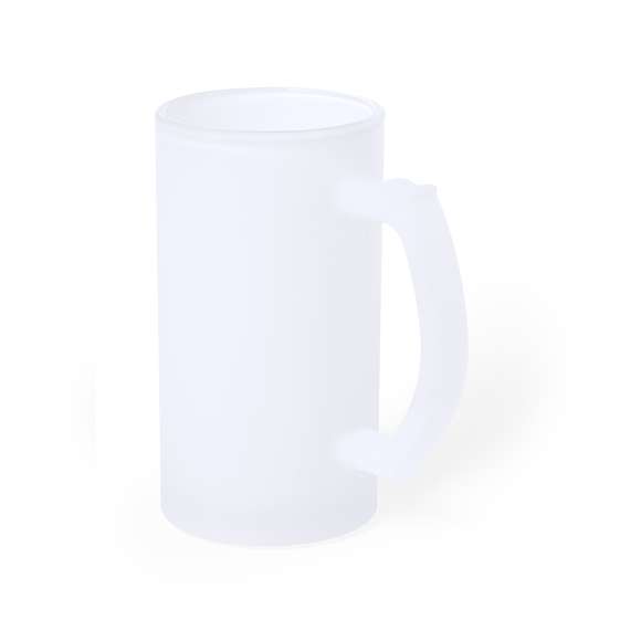Jarra de cristal de acabado mate. De 500 ml de capacidad y con cómoda asa. Especialmente diseñada para la sublimación. Apta para microondas y presentada en caja individual kraft.