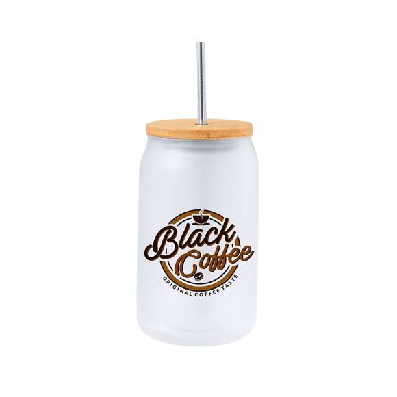 Tarro de sublimación con cuerpo fabricado en resistente cristal mate, con 400 ml de capacidad. Tapa en bambú a presión con orificio para pajita (pajita incluida y fabricada en acero inox). Especialmente diseñada para marcaje en sublimación. Presentada en caja individual kraft.