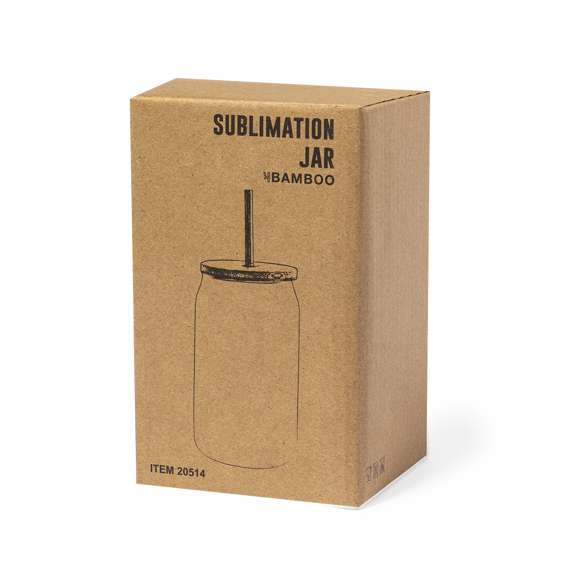 Tarro de sublimación con cuerpo fabricado en resistente cristal mate, con 400 ml de capacidad. Tapa en bambú a presión con orificio para pajita (pajita incluida y fabricada en acero inox). Especialmente diseñada para marcaje en sublimación. Presentada en caja individual kraft.