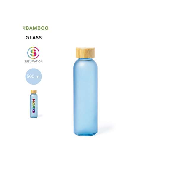 Bidón para sublimación de cristal con 500 ml de capacidad. Tapón a rosca de bambú y libre de BPA. Especialmente diseñada para marcaje en sublimación. Disponible en variada gama de colores mate. Presentado en caja individual de diseño kraft.Materiales como el bambú fomentan la utilización de materias primas naturales, reduciendo las emisiones contaminantes. Proviene de una planta de gran resistencia y versatilidad, con crecimiento y regeneración rápidos, siendo una excelente alternativa al uso de madera tradicional.