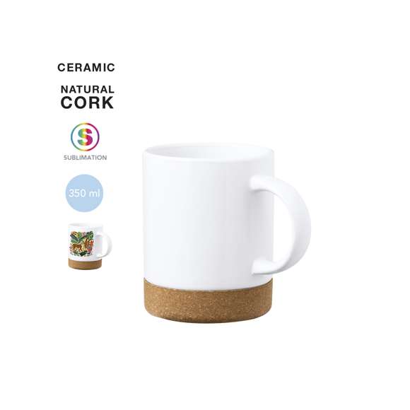 Taza para sublimación con 350 ml de capacidad. Distinguido diseño en combinación de cerámica con corcho, y especialmente diseñada para marcaje en sublimación. Presentada en caja individual acabado kraft.Elaborado con elementos vegetales para así fomentar la utilización de materias primas naturales y reducir las emisiones contaminantes.