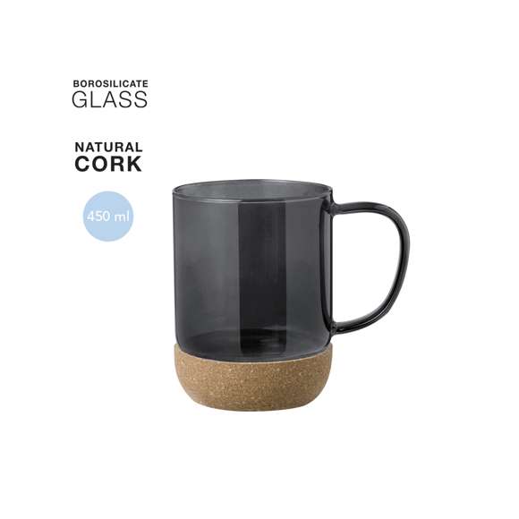 Taza de cristal de borosilicato con 450 ml de capacidad. Distinguido diseño en combinación de cristal con corcho, en variada gama de colores translúcidos. Presentada en caja individual acabado kraft.Elaborado con elementos vegetales para así fomentar la utilización de materias primas naturales y reducir las emisiones contaminantes.Fabricado en cristal de borosilicato, que ofrece una resistencia y durabilidad excepcionales, alargando su vida útil y pudiendo ser reutilizado infinidad de veces.
