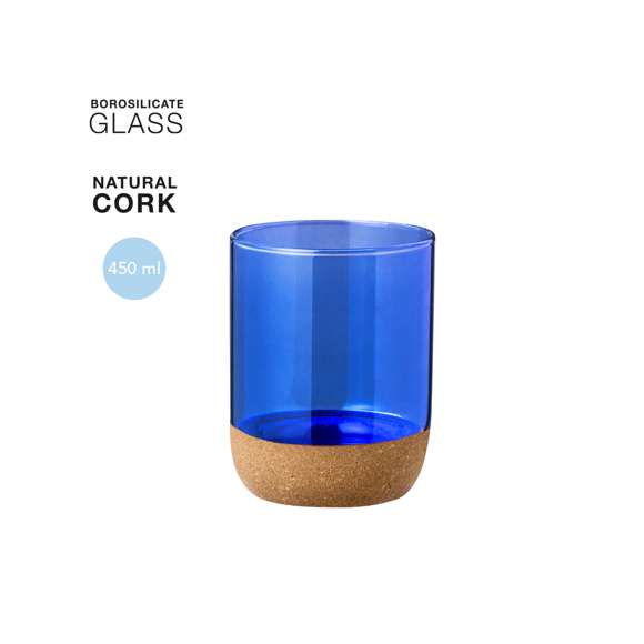 Vaso de cristal de borosilicato con 450 ml de capacidad. Distinguido diseño en combinación de cristal con corcho, en variada gama de colores translúcidos. Presentada en caja individual acabado kraft.Elaborado con elementos vegetales para así fomentar la utilización de materias primas naturales y reducir las emisiones contaminantes.Fabricado en cristal de borosilicato, que ofrece una resistencia y durabilidad excepcionales, alargando su vida útil y pudiendo ser reutilizado infinidad de veces.