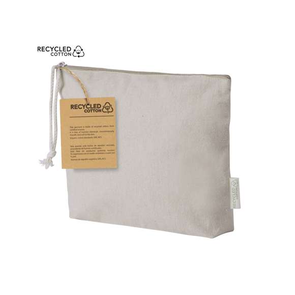 Neceser fabricado en 100% algodón reciclado en elegante tono natural. Compartimento principal con cierre de cremallera y cordón de transporte a juego. Incluye etiqueta exterior con logotipo algodón reciclado.