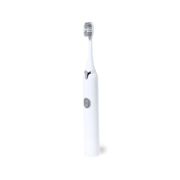 Práctico cepillo de dientes portátil eléctrico. Eficiente limpieza gracias a su función de vibración y a sus agradables cerdas. Funciona con 1 pilas AA (no incluida) introducidas por la base. En color blanco y plateado, presentado en una caja de diseño kraft.