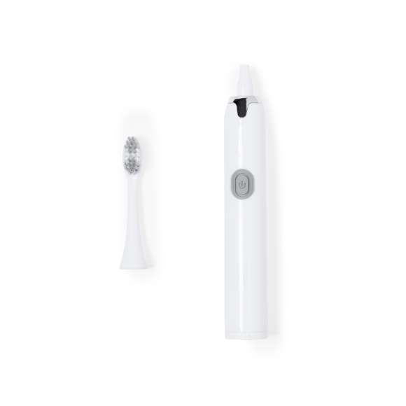 Práctico cepillo de dientes portátil eléctrico. Eficiente limpieza gracias a su función de vibración y a sus agradables cerdas. Funciona con 1 pilas AA (no incluida) introducidas por la base. En color blanco y plateado, presentado en una caja de diseño kraft.