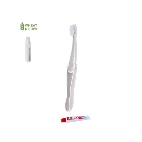 Práctico cepillo de dientes plegable fabricado en resistente caña de trigo. Incluye compartimento para guardar un tubo de pasta de dientes de 6g (incluido).La caña de trigo fomenta la utilización de materias primas naturales, reduciendo así las emisiones contaminantes.
