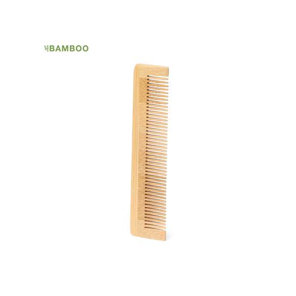 Peine fabricado en bambú. Útil cepillo plano para pelo, elaborado en pulido bambú con cerdas iguales y cómodo de transportar. Presentado individualmente en una bolsa de papel reciclada.