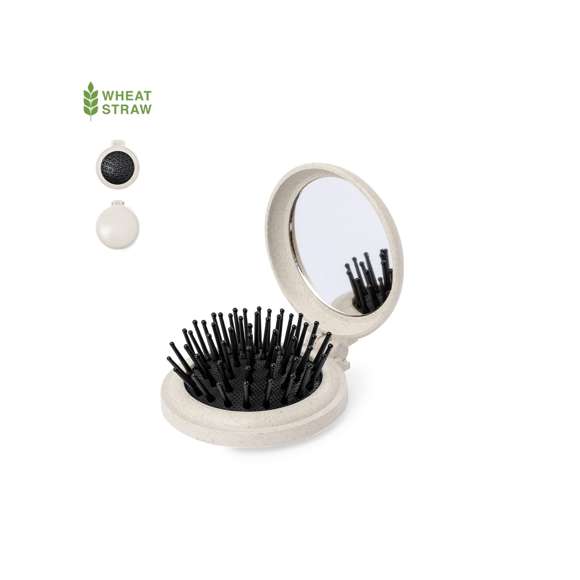Cepillo plegable con espejo fabricado en caña de trigo. Práctico peine con suaves cerdas compactas que se pueden plegar, con espejo en el interior de la tapa. Presentado en una bolsa individual de papel kraft. La caña de trigo fomenta la utilización de materias primas naturales, reduciendo así las emisiones contaminantes.