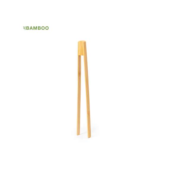 Pinzas de cocina fabricadas en flexible y suave bambú. Presentadas individualmente en bolsa de papel reciclado. Materiales como el bambú fomentan la utilización de materias primas naturales, reduciendo las emisiones contaminantes. Proviene de una planta de gran resistencia y versatilidad, con crecimiento y regeneración rápidos, siendo una excelente alternativa al uso de madera tradicional.