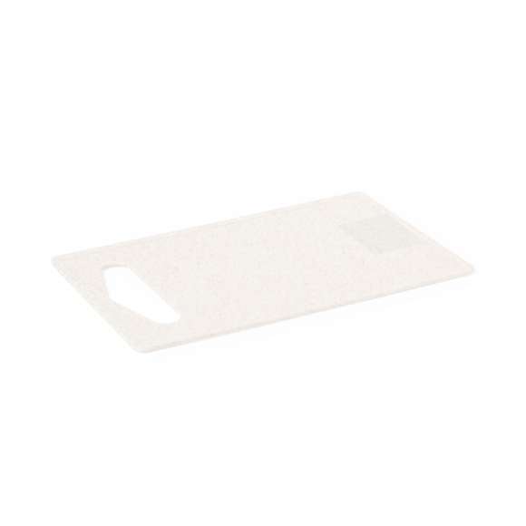 Tabla de cocina para cortar fabricada en PP. Con asa para un firme agarre, fácil de limpiar y guardar. Presentada individualmente bolsa reciclada.