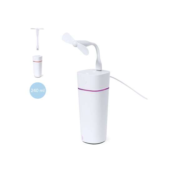 Humidificador elegante y decorativo con una capacidad de 240 ml. Además, cuenta con luces LED con dos posiciones de iluminación (fija e intermitente). Incluye un práctico cable de alimentación USB. Presentado individualmente en caja de diseño kraft.