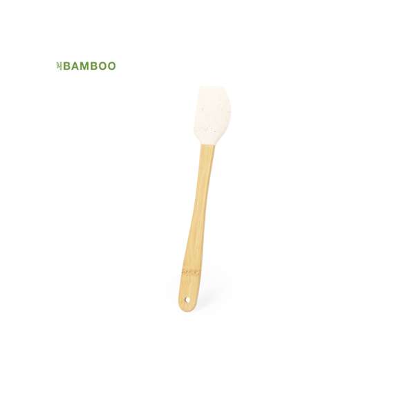 Paleta de cocina con extremo de silicona y atractivo color natural. Su mango, fabricado en bambú, proporciona comodidad. Presentado en bolsa individual de papel reciclada.