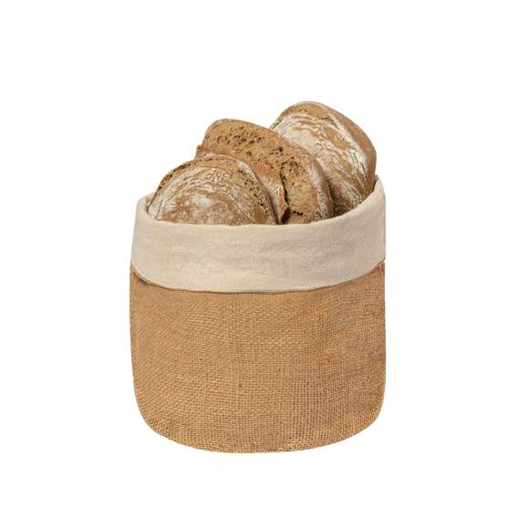 Panera elaborada con suave algodón 100% en el interior y yute en el exterior, con un diseño redondo. Presentada en bolsa individual reciclada.