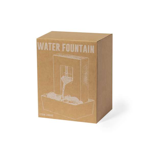 Fuente portátil de agua infinita con luces LED. Cascada de agua sobre piedras naturales, ideal para decoración o momentos de relajación. Incluye un depósito para el agua y una estructura iluminada por LEDs de tonos naturales, a través de la que fluye el agua. Alimentada por 3 pilas AA (no incluidas). Presentada en caja de diseño kraft.