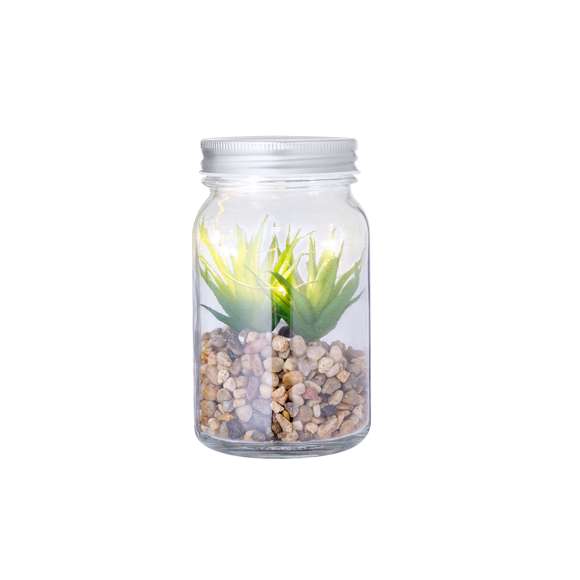 Planta decorativa sobre una base de piedras, en tarro de cristal de borosilicato. Iluminada por 5 LEDs que funcionan con 3 pilas AAA (no incluidas). Presentado en caja de diseño kraft.Fabricado en cristal de borosilicato, que ofrece una resistencia y durabilidad excepcionales, alargando su vida útil y pudiendo ser reutilizado infinidad de veces.