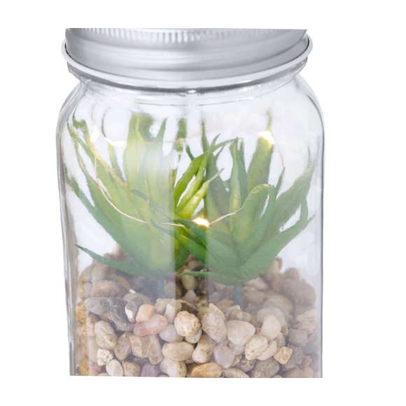 Planta decorativa sobre una base de piedras, en tarro de cristal de borosilicato. Iluminada por 5 LEDs que funcionan con 3 pilas AAA (no incluidas). Presentado en caja de diseño kraft.Fabricado en cristal de borosilicato, que ofrece una resistencia y durabilidad excepcionales, alargando su vida útil y pudiendo ser reutilizado infinidad de veces.