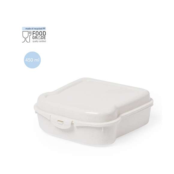 Fiambrera para sandwich de 450 ml de capacidad en color natural. Con cierre de seguridad.