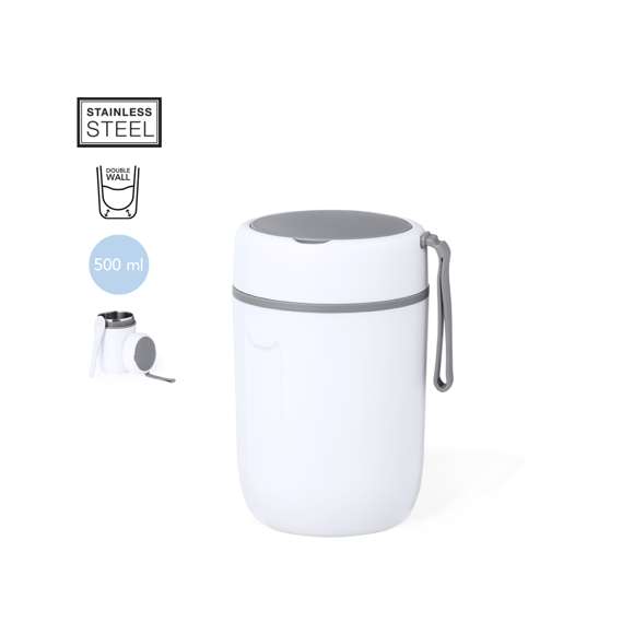 Fiambrera de doble pared, fabricada en acero inox y PP de 500 ml de capacidad. Cierre de seguridad con tapadera estanca de rosca, incluye cubierto plegable y asa de transporte. Presentada en atractiva caja individual de diseño.