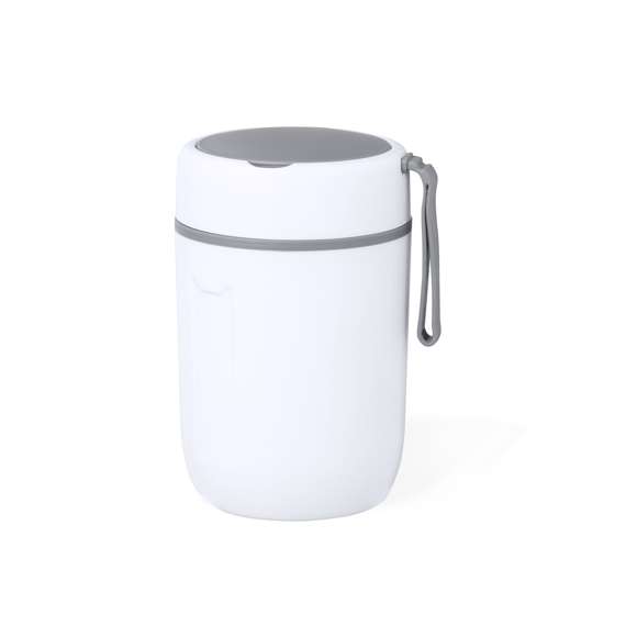 Fiambrera de doble pared, fabricada en acero inox y PP de 500 ml de capacidad. Cierre de seguridad con tapadera estanca de rosca, incluye cubierto plegable y asa de transporte. Presentada en atractiva caja individual de diseño.