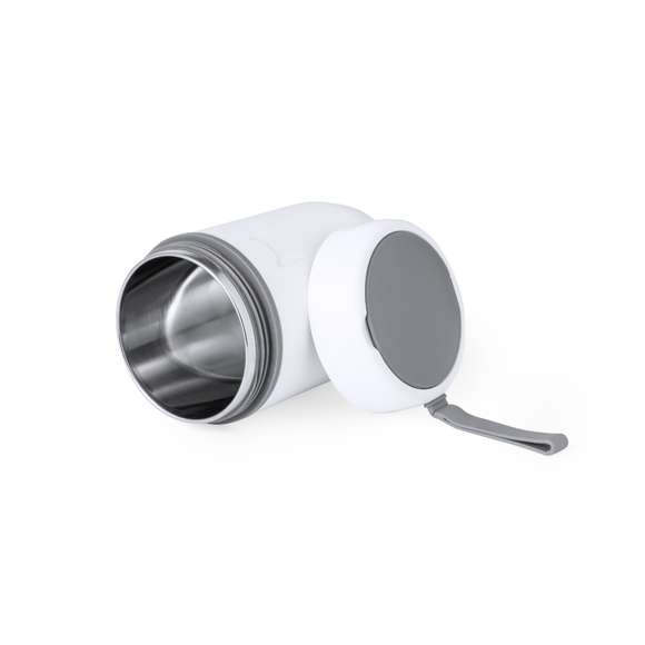 Fiambrera de doble pared, fabricada en acero inox y PP de 500 ml de capacidad. Cierre de seguridad con tapadera estanca de rosca, incluye cubierto plegable y asa de transporte. Presentada en atractiva caja individual de diseño.