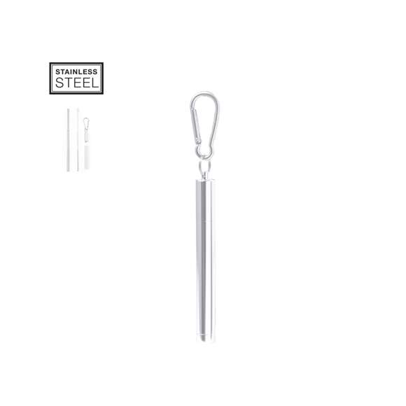 Pajita reutilizable y extensible en acero inox, con boquilla de silicona. Con accesorio limpiador incluido y presentada en estuche a juego con mosquetón para transporte.