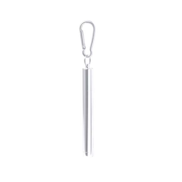 Pajita reutilizable y extensible en acero inox, con boquilla de silicona. Con accesorio limpiador incluido y presentada en estuche a juego con mosquetón para transporte.