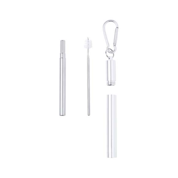Pajita reutilizable y extensible en acero inox, con boquilla de silicona. Con accesorio limpiador incluido y presentada en estuche a juego con mosquetón para transporte.