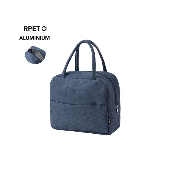 Nevera confeccionada en resistente poliéster 600D RPET. Compartimento principal con cierre de cremallera e interior en aluminio con base reforzada. Incluye bolsillo exterior y asas a conjunto, con logotipo RPET en etiqueta exterior.El material RPET se elabora a partir de plástico reciclado, para así fomentar la reutilización de residuos plásticos y ayudar a la sostenibilidad del planeta.