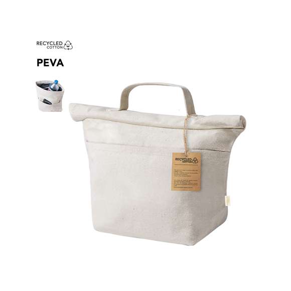 Bolsa térmica elaborada con material 100% algodón reciclado, cuenta con un interior isotérmico acabado en PEVA para mantener la temperatura. Se cierra con un práctico velcro y dispone de un bolsillo exterior. Su asa facilita el transporte. Etiqueta distintiva de algodón reciclado. Presentado en bolsa individual reciclada.
