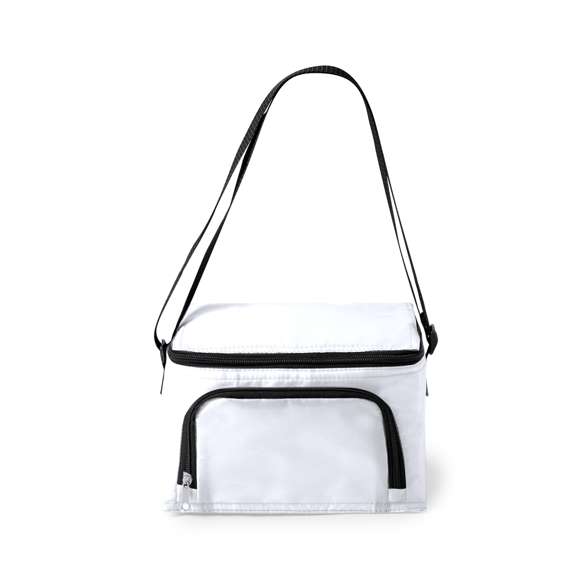Nevera resistente con cierre de cremallera y amplio bolsillo frontal y cinta bandolera ajustable. Disponible en variada gama de colores, con detalles y accesorios en color negro. Presentado en bolsa individual reciclado.