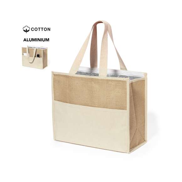 Bolsa nevera confeccionada en combinación de algodón y yute laminado, con interior isotermico de aluminio. Con cierre de velcro, amplio bolsillo frontal y asas de algodón con refuerzo. Disponible en color natural y presentada en bolsa individual.
