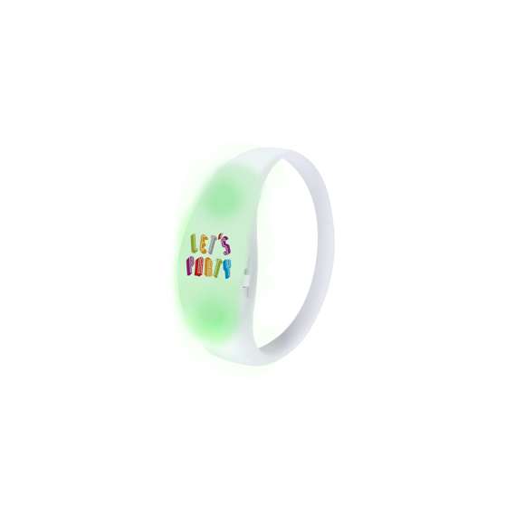 Original pulsera con luces LEDs. En suave silicona y con 2 luces LEDs de colores en su interior, alimentadas por pila de botón (incluida). Con discreto interruptor sensible al sonido y que cambia automáticamente el color de las luces al ritmo de la música. Presentada individualmente en una bolsa de papel reciclado.