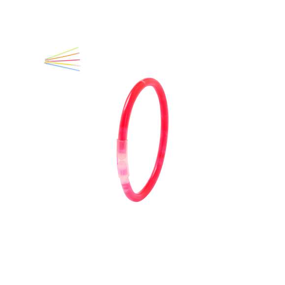 Divertidas pulseras fluorescentes con luz de neón, que se activan fácilmente al doblarlas y agitarlas varias veces para que comiencen a brillar. Gracias a sus enganches, es posible unir varias pulseras para confeccionar un collar o distintas figuras. Disponibles en una amplia gama de colores vivos y presentadas en cajas de 100 unidades por color.