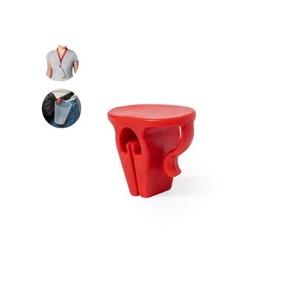 Práctica pinza portavasos fabricada en resistente ABS. Fácil de usar y adaptable a cualquier vaso. Con una superficie plana especial para personalización. Disponible en una variada gama de colores.