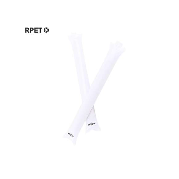 Par de bastom sticks/aplaudidores en resistente RPET y ruidoso material de color blanco. Reutilizables y con válvula de inflado incluida.El material RPET se elabora a partir de plástico reciclado, para así fomentar la reutilización de residuos plásticos y ayudar a la sostenibilidad del planeta. Presentado en bolsa de papel reciclada.