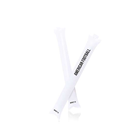 Par de bastom sticks/aplaudidores en resistente RPET y ruidoso material de color blanco. Reutilizables y con válvula de inflado incluida.El material RPET se elabora a partir de plástico reciclado, para así fomentar la reutilización de residuos plásticos y ayudar a la sostenibilidad del planeta. Presentado en bolsa de papel reciclada.