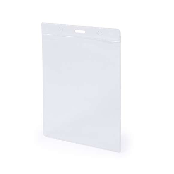Identificador vertical de PVC. Práctico porta acreditaciones con parte superior reforzada y perforaciones tanto para la sujeción central como en los laterales.