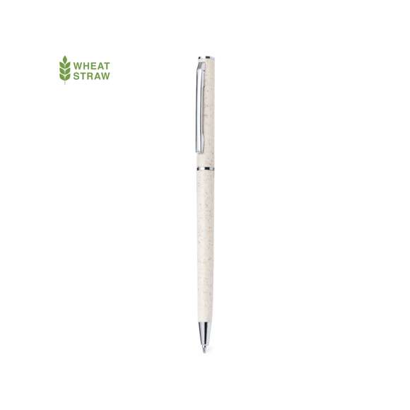 Bolígrafo con cuerpo en caña de trigo. Clip metálico y accesorios cromados. De mecanismo giratorio y de tinta azul. Con logotipo caña de trigo y disponible en color nature.La caña de trigo fomenta la utilización de materias primas naturales, reduciendo así las emisiones contaminantes.