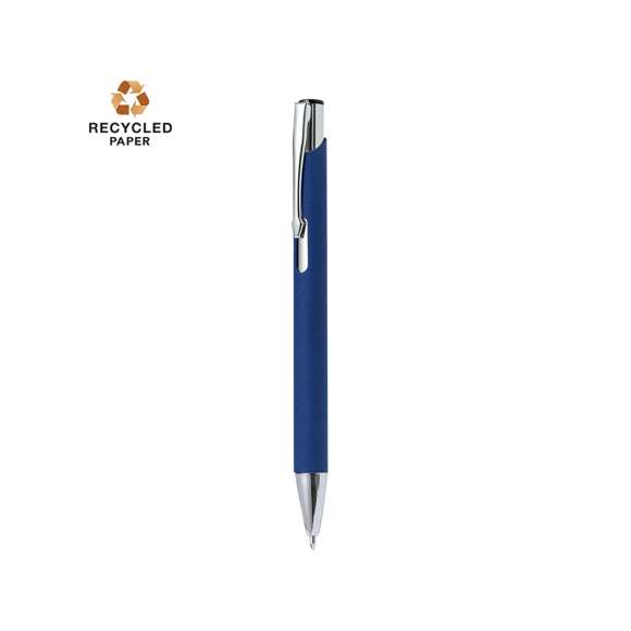 Bolígrafo de línea nature con mecanismo pulsador. Combinación de cuerpo en papel reciclado de color natural y accesorios en metal. Disponible en variada gama de colores, con tinta azul.